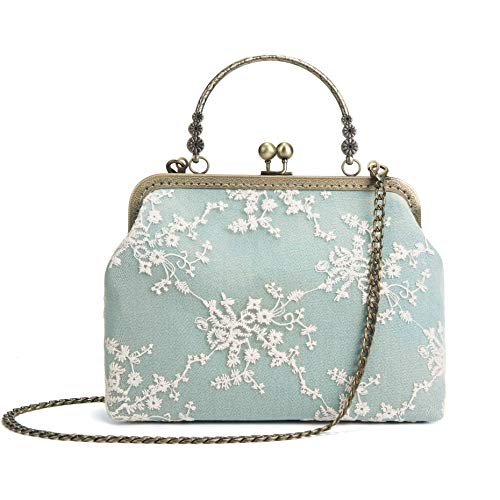 Rejolly Women Vintage Kiss Lock Evening Purse Top Handle Handbag Lace Crossbody Shoulder Clutch Bag with Chain Strap Green