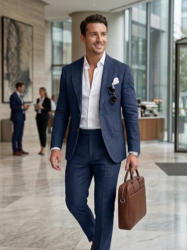 Image of Men's Linen Suit 2 Piece Slim Fit Summer Beach Wedding Prom Party | Breathable,Linen Blazer Suit Set,for Beach Weddings,Groom Wear,Prom and Outdoor Parties,Business Casual,Vacation Daily Wear