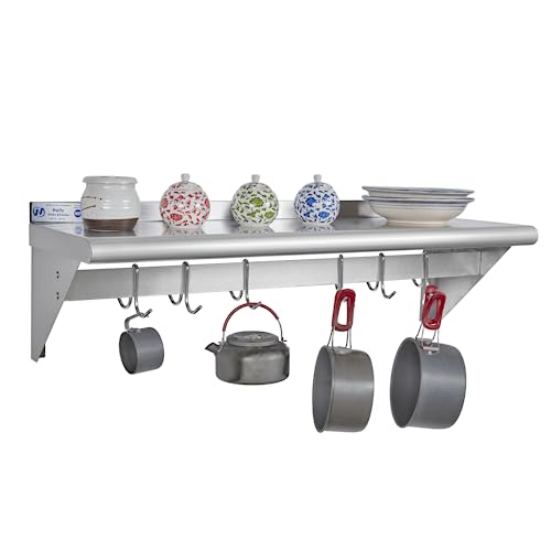 Image of Hally Stainless Steel Shelf with 6 Hooks 12 inch x 36 inch Wall Mounted Pot Rack, NSF Commercial Floating Shelving for Storage Hanging Pots, Pans, cookware in Restaurant, Kitchen, Home and Hotel