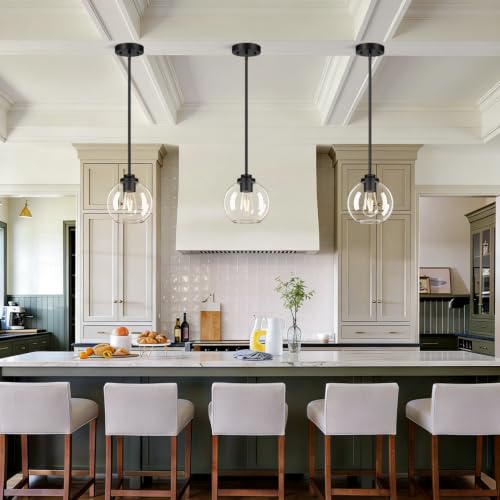Image of MQMQA 2 Pack Globe Pendant Lights, Mid Century Matte Black Pendant Light Fixtures, Globe Pendant Lights Kitchen Island with Clear Glass Shade Hanging Fixture for Dining Room (Bulbs not Included)
