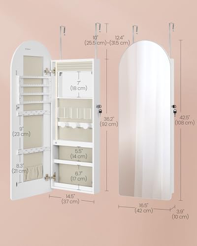 Image of SONGMICS Wide Jewelry Organizer, LED Jewelry Cabinet Wall /Door Mounted, Arched Mirror with Storage, Lockable, Rounded Corner, Interior Mirror, 3.9 x 16.5 x 42.5 Inches, Cloud White UJJC020W01