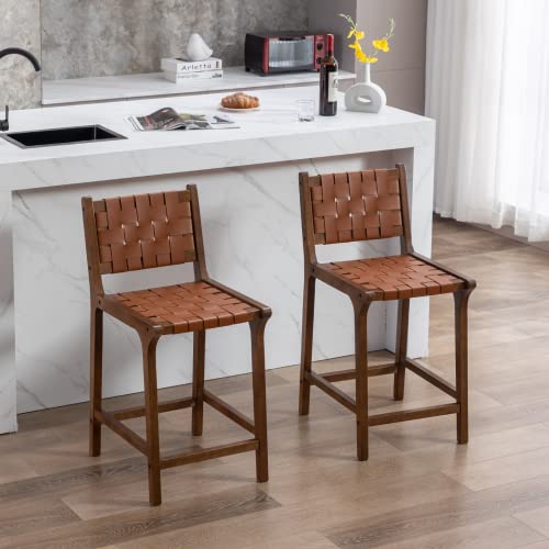 Butacos Modernos de Altura para Barra, Juego de 4 Unidades, Asiento con Cintas Tejidas en Poliuretano y Espalda Abierta, Color Madera Walnut, con Reposapiés, para Barra, Comedor o Isla de Cocina, Marrón miniatura 4