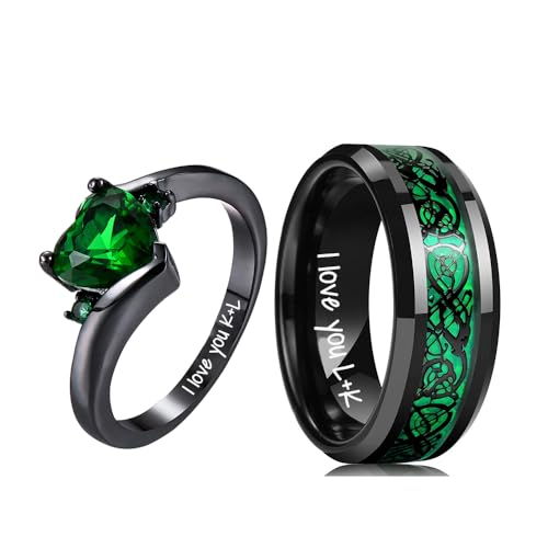 Custom Engraved Rings for Couples Promise Rings for Him and Her Sets Matching Wedding Bands for Couples Sets 8mm Tungsten Ring for Men Celtic Dragon Heart Birthstone Rings for Women
