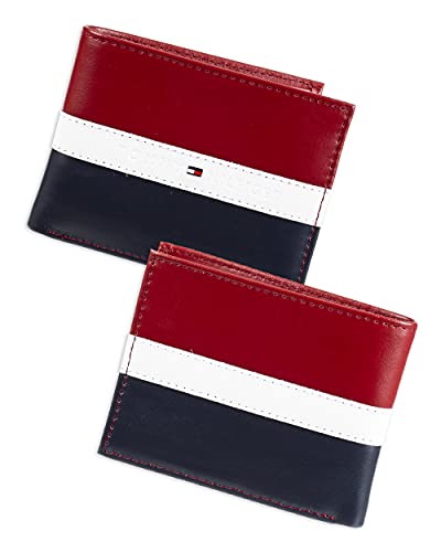 Tommy Hilfiger Men's Leather Wallet - Rfid Blocking Slim Thin Bifold With Removable Card Holder And Gift Box, Red/Navy #TOP1