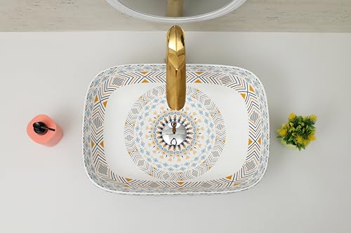 Image of Moroccan Design Ceramic Tabletop Wash Basin | Countertop Vessel Sink | Wash Basin over counter For Bathroom Hotel Home (18x13x5.5 Inch) (TORO 4014) (Moroccan Design 106)