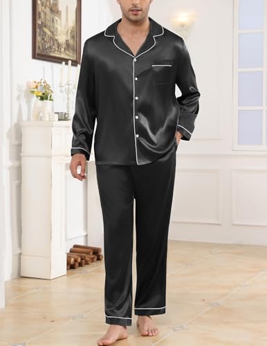 Image of Veseacky Mens Silk Satin Pajamas Set Short Sleeve Sleepwear Button-Down Pjs Sets Two-Pieces Loungewear with Pockets S-XXL