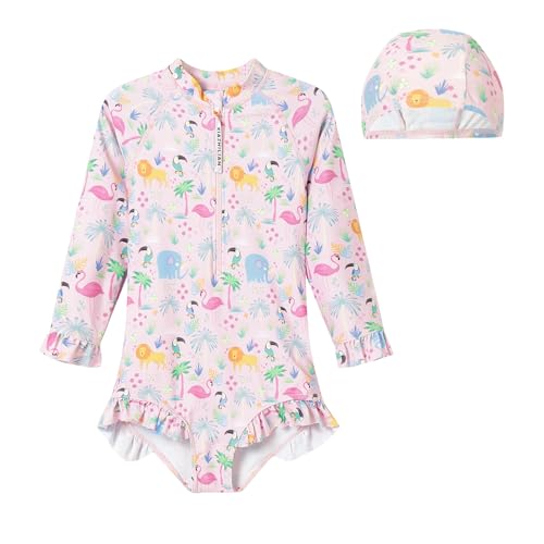 LittleSpring Girls One Piece Swimsuits with Hat UPF 50+ Long Sleeve Rash Guard Bathing Suit 2-6 Years