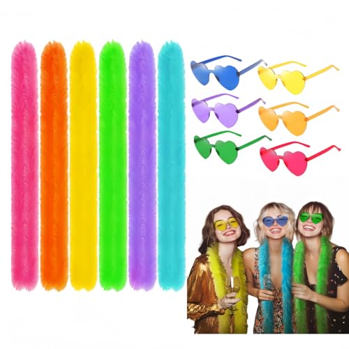 qixiang Feather Boa Multipack6PCS Feather Boas with 6PCS Frameless Sunglasses The Fluff Is not Easy to Fall Off Suitable for Theme Parties Cosplay and Halloween Costumes.