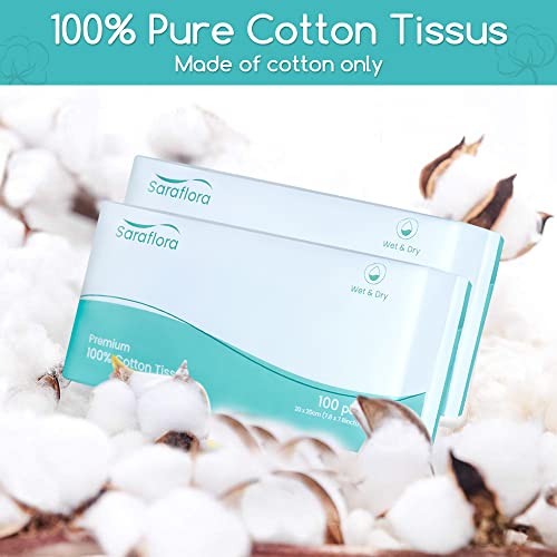 Image of Saraflora 100% Cotton Facial Tissue Soft Dry Wipe 6 Pack, Use for Sensitive Skin Disposable Face Towel Extra Thick Dry and Wet Use Disposable Cotton Tissues for Washing Face Makeup Wipes（600 Count ）