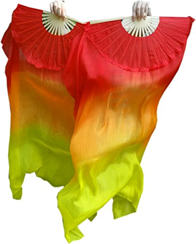 Winged Sirenny 43"(110 cm) Small Youth Worship Praise Fan Flag Streamers, Belly Dance Silk Fan Veil, Set of 2 (red-orange-yellow)