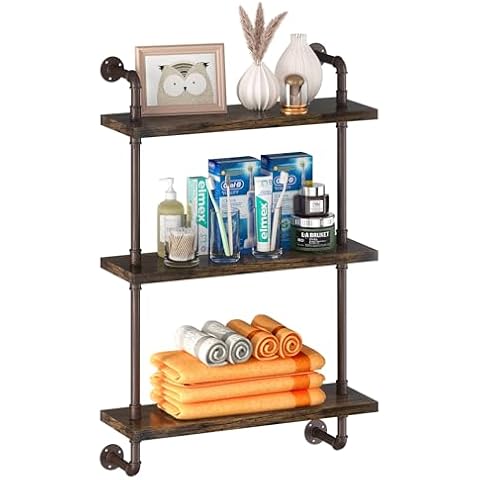 PUSDON Industrial Pipe Shelving Wall Mounted 24 Inch, 3 Tier Bathroom Floating Shelves Bronze Metal, Wood Hanging Storage Bookshelf, Drak Coffee Cover