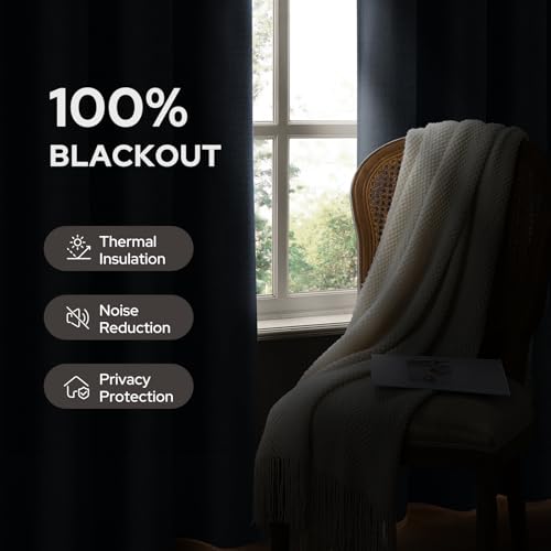 Image of HOMEIDEAS 100% Blackout Light Blue Faux Linen Curtains 52W x 84L 2 Panels | Natural Textured Drapes, Thermal Insulated, Window Darkening Curtains for Bedroom, Nursery, Living Room