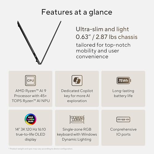 ASUS Vivobook S 14 OLED Laptop, AMD Ryzen AI 9, 24GB, 512GB SSD, Neutral Black, M5406WA-DS76 - Image 3