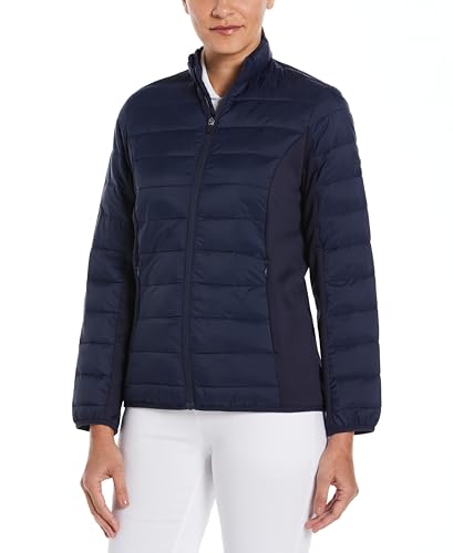Perry Ellis Women's Long Sleeve Full-Zip Faux Down Jacket, Sun Protection, Mock Collar, Front Pockets, Warming & Flexible