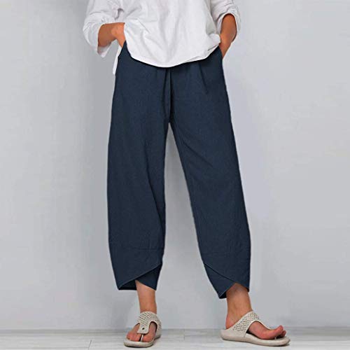Image of Womens Cotton Linen Capri Pants Casual Elastic Printed Ankle Pants | Cotton Linen Capri Pants for Women 2025 Casual Printed Cropped Palazzo Pants Elastic Waist Lounge Baggy Trousers