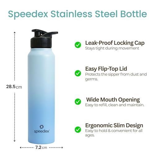 Image of Speedex Stainless Steel Metal Water Bottle 1 Ltr 1000 ml, BIS Approved, Leak Proof Sipper Cap Bottle for Office, School, Gym, Travel, Daily Use for Men, Women, Kids, Adults, Dual Blue, Set of 4