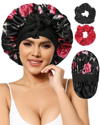 Satin Bonnets Silk Bonnet Sleeping Women Hair Bonnet Curly Hair Sleep Cap Reversible Double Layer Bonnets with Tie Band (Black Red Flower Bonnet + Satin Scrunchies)