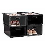 Mundo Home Cajas para Zapatos Transparentes Apilables - Organizador Zapatos Armario Apilable - Cajas Almacenaje Zapatos Plegable - Zapateras para Guardar Zapatos (Wengué, Pack de 4)