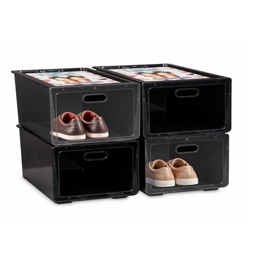 Mundo Home Cajas para Zapatos Transparentes Apilables - Organizador Zapatos Armario Apilable - Cajas Almacenaje Zapatos Plegable - Zapateras para Guardar Zapatos (Wengué, Pack de 4)