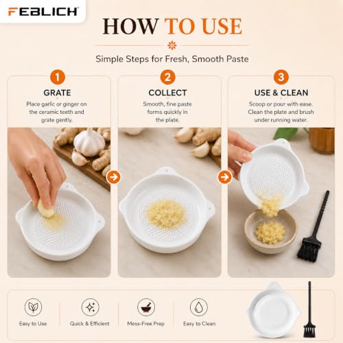 Image of Ceramic Garlic Grater Plate with Brush Manual Crusher Grinder Tool for Ginger, Garlic, Turmeric, Nutmeg, Fruits & Vegetables Durable, Easy to Clean, Non-Slip Kitchen Utensil (Large)