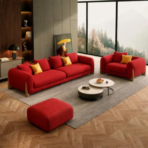 Image of Modern Sofa, Teddy Fabric, Chesterfield Style, Wooden Legs, for Living Room, Bedroom, Hallways (3+1+Ottoman, Marron)