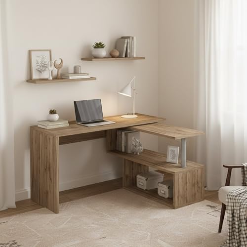 Dmora - Bureau Candido, Bureau PC d'angle, Table de Bureau Polyvalente, Bureau Gain de Place Multi-Positions, 100% Made in Italy, 120x50h75 cm, Chêne