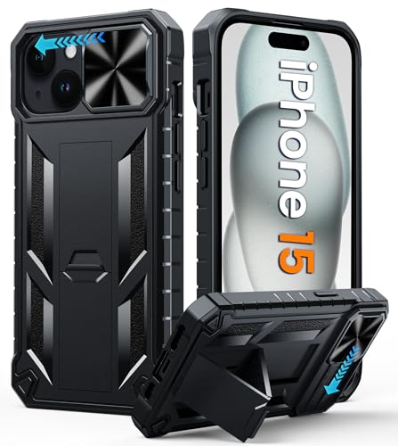 Coque iPhone 15 antichoc de qualité militaire avec béquille intégrée robuste et tpu mat noir