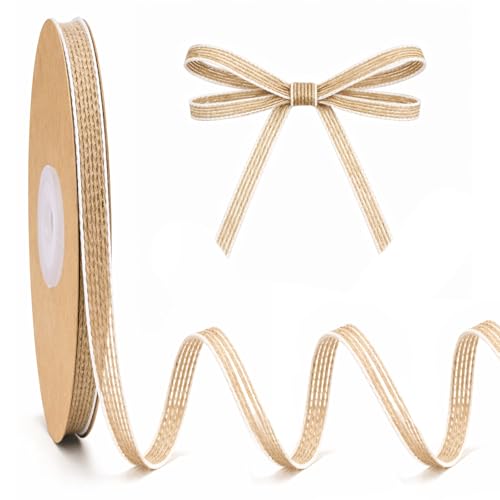jijAcraft 0.6CM Natural Jute Ribbon with White Edge: 20 Yards Narrow Hessian Ribbon for Gift Wrapping Rustic Jute Burlap Ribbons for DIY Crafts Wedding Baking Wraps