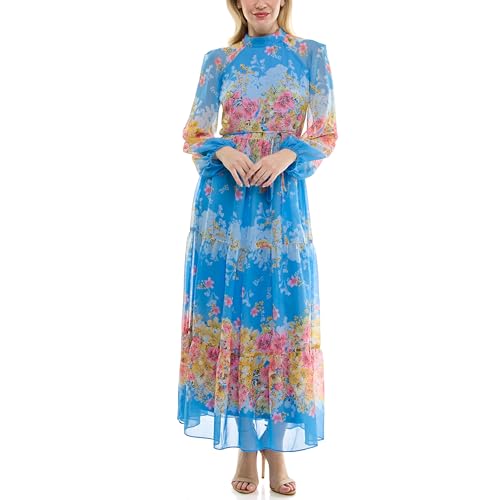 Maison Tara Women's Printed Long Sleeve Maxi Dress, BluePink, 4 at Amazon  Women's Clothing store
