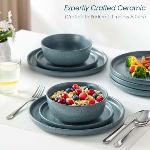 Image of vancasso Plates and Bowls Sets, 18 Pieces Stoneware Dinnerware Set for 6, Ceramic Dish Set for Kitchen, Microwave and Dishwasher Safe, Smoky Teal, Series ZERMATT