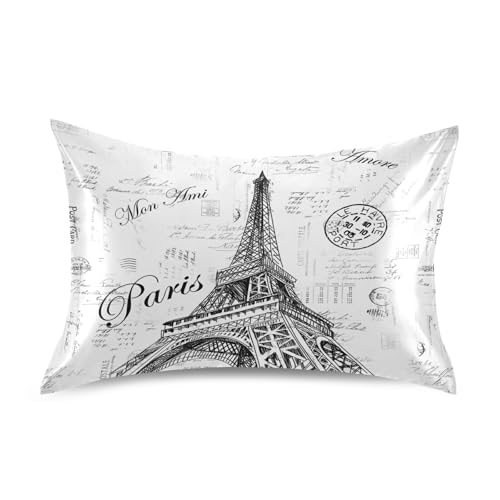 Nander Funda de almohada de satén de la Torre Eiffel de París para cabello y piel, funda de almohada de seda suave sin cremallera, 1 funda de almohada con cierre de sobre, 20 x 30 pulgadas