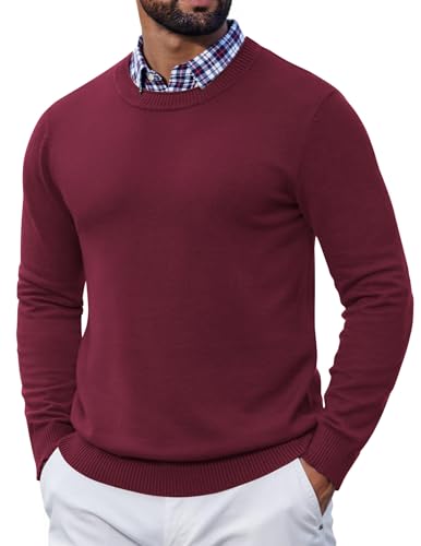 Image of COOFANDY Sweaters for Men Wool Sweater Cable Knit Sweater Fall Fitted Sweater Pullover Wine Red