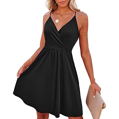 VOTEPRETTY Women's 2024 Spring Fashion V-Neck Spaghetti Strap Dress Summer Outfits Casual Swing Sundress with Pockets Clothes(Black,L) Cover
