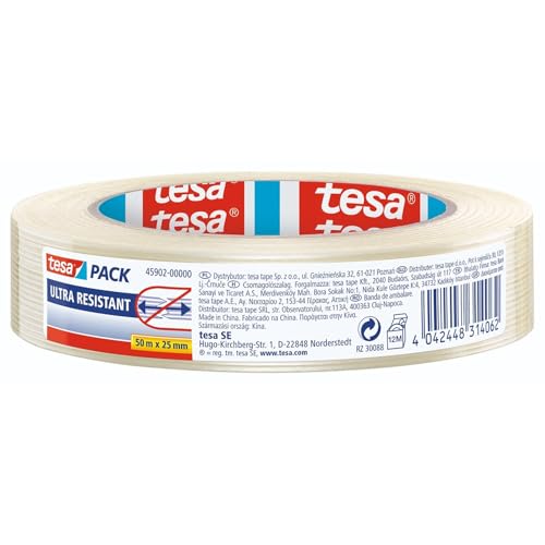 tesa - Cinta Adhesiva Reforzada con Fibra de Vidrio - Celo Adhesivo Reparador con Filamentos para Embalar y Reparar - Buena Adhesión - 50 m x 25 mm - Transparent