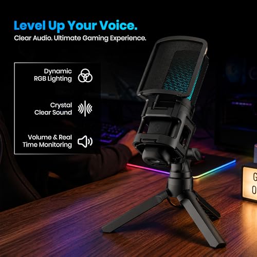 Image of Simpex (SDM-001 Dynamic RGB USB Condenser Microphone for PC, RGB Condenser Computer Mic with Tripod Stand, Quick Mute, Gain Control, for Gaming, Streaming, Podcasting, Recording