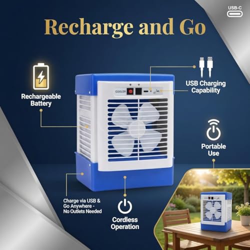 Image of Drumstone (𝐒𝐩𝐞𝐜𝐢𝐚𝐥 𝟏𝟓 𝐘𝐞𝐚𝐫𝐬 𝐖𝐚𝐫𝐫𝐚𝐧𝐭𝐲) Rechargeable Mini Air Cooler with Water Tank, Portable Personal Cooling Fan & Humidifier, USB Desktop Air Cooler for Home