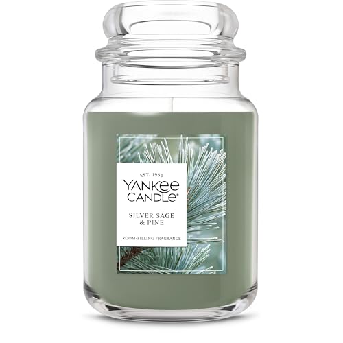 Yankee Candle Large Jar Scented Candle with up to 150 Hour Burn Time, Premium Plant Wax Blend for Consistent Burn, 22 oz Jar Candle with Room Filling Fragrance, Silver Sage & Pine