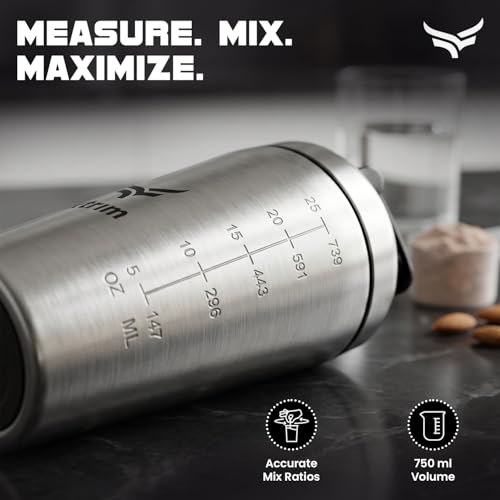 Image of Xtrim Stainless Steel Protein Shaker Bottle 750ml, 100% Leakproof Gym Shaker, Steel Tumbler with Measurement Markings, Pre & Post Workout Sipper, BPA-Free, Durable & Dishwasher Safe, Rust-Proof