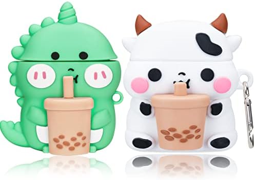 2 Pack for AirPods 2&1 Gen Case Cover, 3D Cute Funny Cartoon Boba Tea Cows & Boba Tea Dinosaurs Foods Shape Apple Airpod Case Soft Silicone Skin with Keychain Gift for Girls Boys Kids Teens (Cow+Dino)