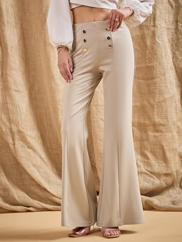 Image of Sassafras Women's Light Beige Front Button Flared Bell Bottom Pants-L