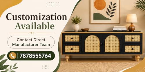 Image of Premium Solid Wood, 10 Minutes Assembly (Legs Only), Aesthetic Rattan Doors, Mid Century Entertainment Center for Living Room, TV Stand for 65 inch TV, Dark Chocolate (Black)