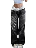 Xineicy Women's Low Rise Heart Pattern Baggy Jeans Washed Wide Leg Denim Cargo Pants