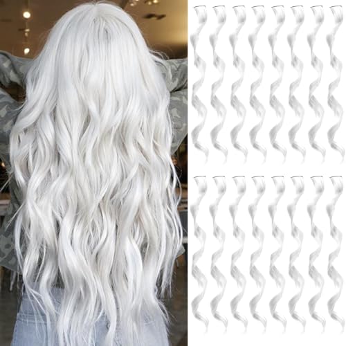 TOFAFA 16 Pcs Colored Hair Extensions Curly Wavy Clip in Synthetic Hairpiece Streak for Women Girls Color Party Highlights Cosplay Festival Gift(White)
