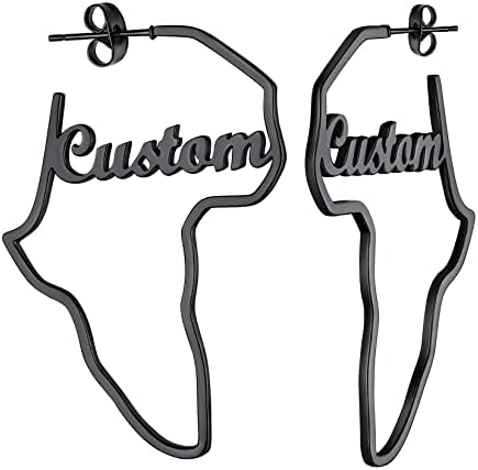 Black African Earrings, wWomen's 45mm Personalized Black Metal Plated Stainless Steel Map of Africa Stud Earrings with Name on It