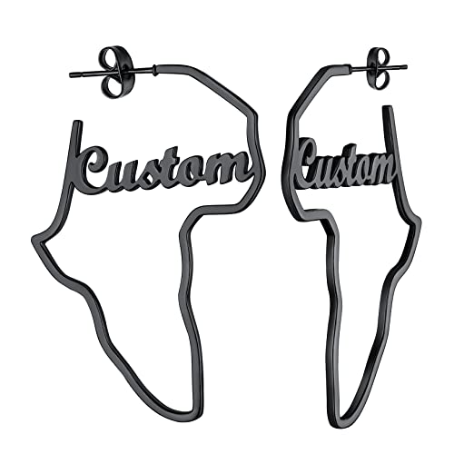 Black African Earrings, Wwomen's 45Mm Personalized Black Metal Plated Stainless Steel Map Of Africa Stud Earrings With Name On It #TOP3