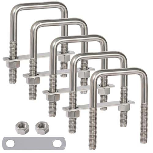 Image of LIONMAX U Bolts 3 Inch Wide, 5 Pack, 1 /2 inch D x 3-1 /16 inch W x 4-5 /16 inch L, M12 | Stainless Steel Square U Clamp, Corrosion Resistant, with Plates, Washers, Nuts, Heavy Duty for Trailer, Boats, Tube, 3 inch Wide