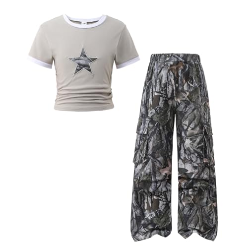 Image of Azmxynol Tween Girls Clothes 2 Piece Outfit T-Shirt Top + Cargo Pants, Teen Girl Trendy Clothing Set, Sizes 7-15 Years