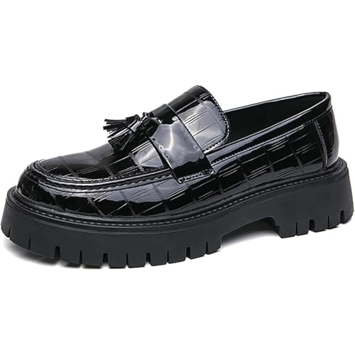 Men's Patent Leather Platform Loafers Fashion Round Toe Metal Decor Anti-Slip Chunky Heel Business Formal Casual Party Wedding Dance Shoes