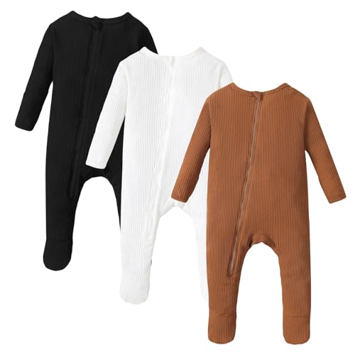 Image of OPAWO Newborn Footie Pajamas with Mitten Cuffs Double Zipper Sleepers Baby Boy Girl Onesie Footed One-Piece Romper 0-6 Months