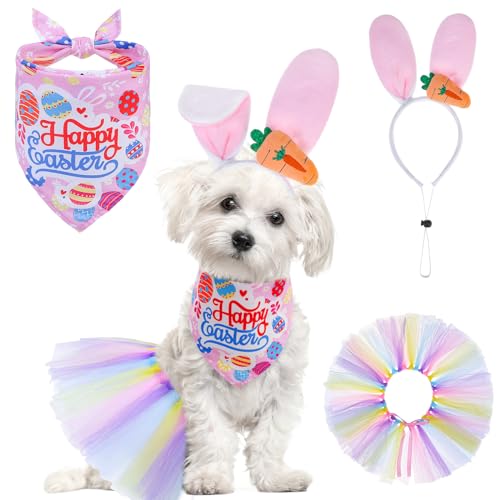 SCENEREAL Easter Dog Bandana Outfit with Cute Bunny Ears Headband and Tutu Dress, Puppy Holiday Costume Accessory, Pink Eggs Rabbit Prints Scarf Pet Birthday Party Supplies for Small Medium Dogs Cats
